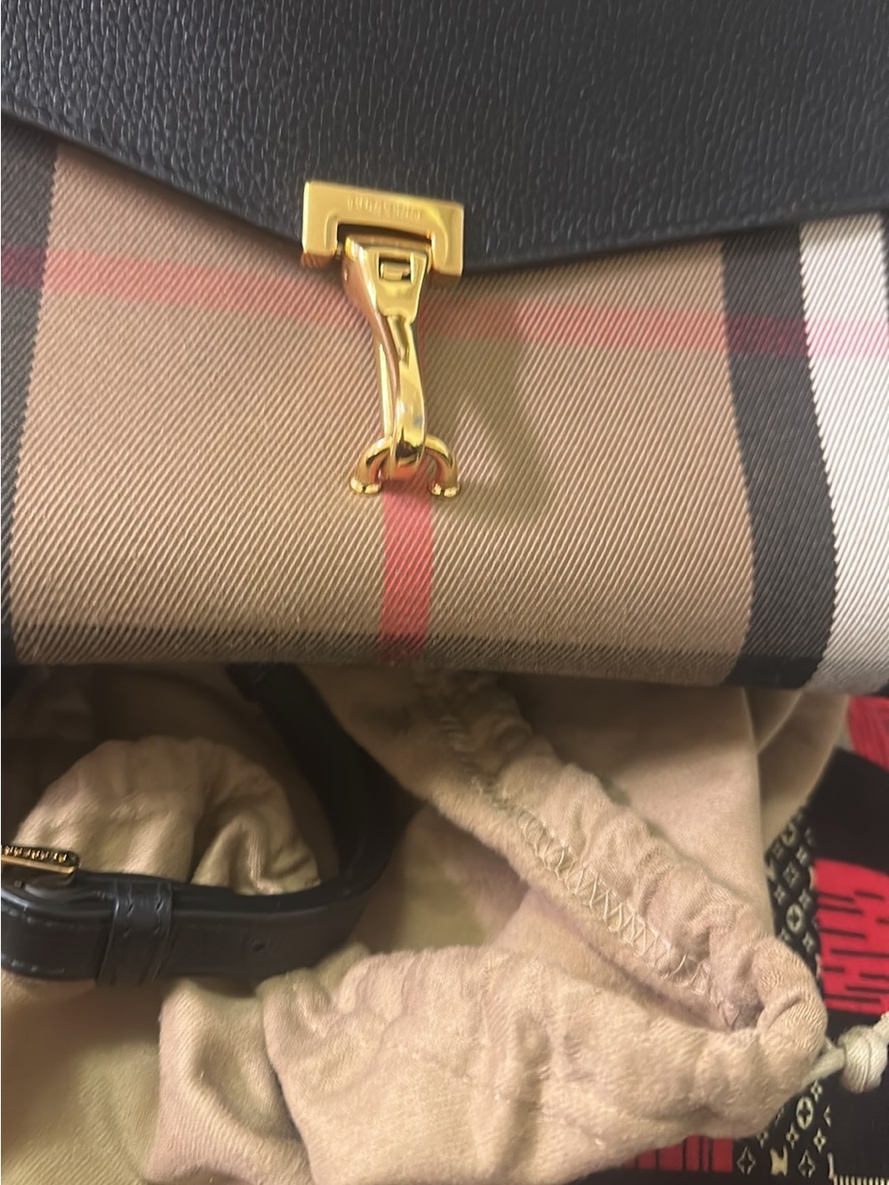 Burberry Black Leather & Beige Check Crossbody with Gold Hardware - Picture 8 of 11